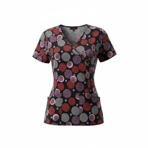 FLEX Stretch Scrub Top XS Black Multi Color Dot Heart Print V-Neck Pockets